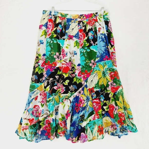 Lie Style Floral Multicolor Cotton Summer Pleated Lagenlook Midi Skirt P1066 - Picture 4 of 6